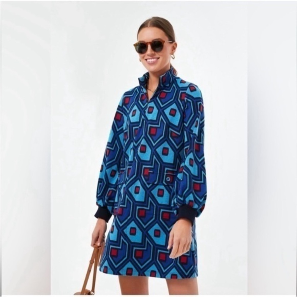 Tuckernuck Dress Tinsley Knit Mini Long Sleeve in Maliblue Geometric Blue